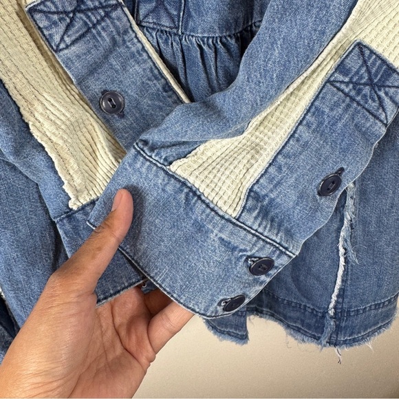 Free People Jean Tunic Dress Blue Beige Button Front Mixed Fabric Size XS - Picture 9 of 16